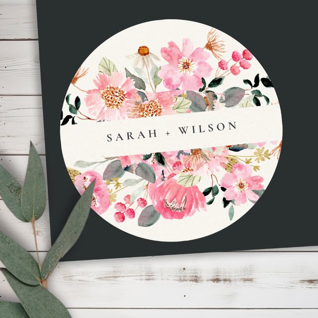 Sticker Rond Rustique vif rose Aquarelle rose Mariage Floral (Créateur téléchargé)