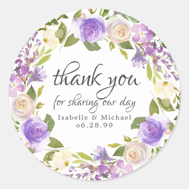 Sticker Rond Rustique violet et ivoire Floral Merci Mariage (Devant)