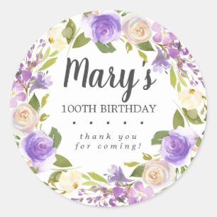 Sticker Rond Rustique violet floral 100e anniversaire Merci