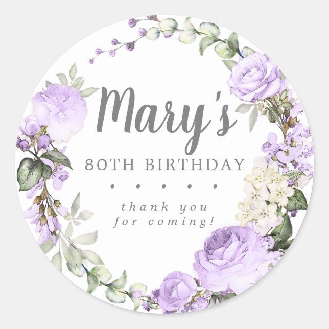 Sticker Rond Rustique violet floral 80e anniversaire Merci (Devant)