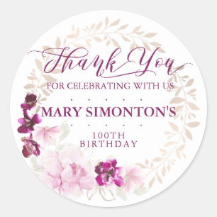 Sticker Rond Rustique violet rose floral 100e anniversaire Merc