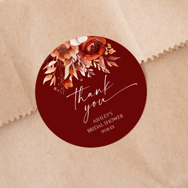 Sticker Rond Rusty Bourgogne Brown Floral Fête des mariées (Créateur téléchargé)