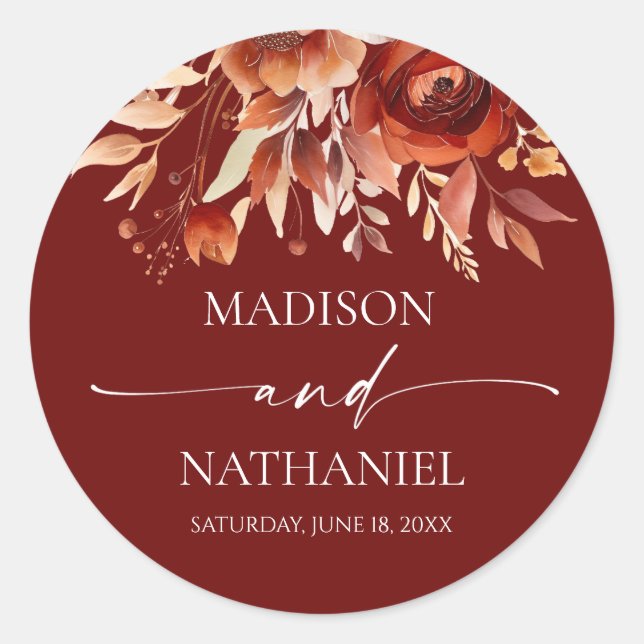 Sticker Rond Rusty Burgundy Brown Floral Flower Wedding (Devant)