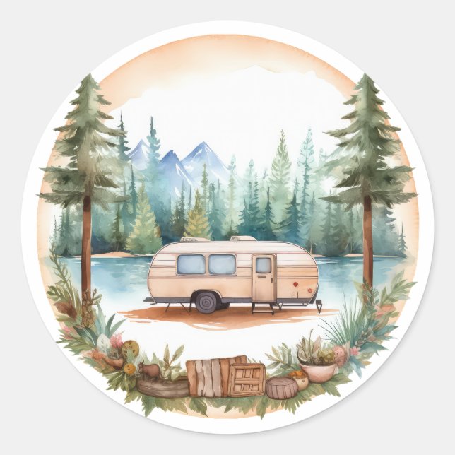 Sticker Rond RV Camping dans les Bois, RV camper (Devant)