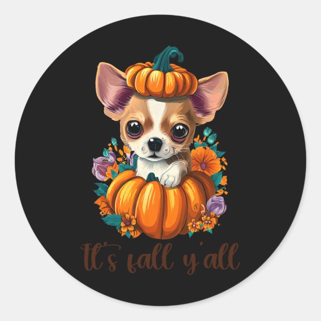 Sticker Rond Sa Chute Y'all mignonne Citrouille Floral Chihuahu (Devant)