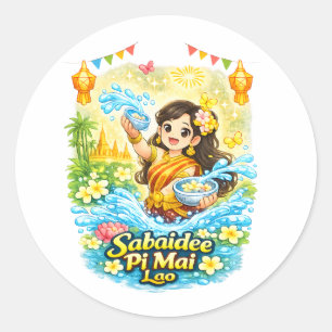 Sticker Rond Sabaidee Pi Mai – Fille Lao Mignonne au Festival d