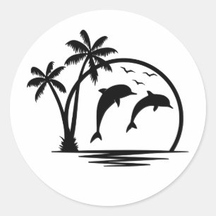 Sticker Rond Sable Dauphin Jumping Palm Tree Océan
