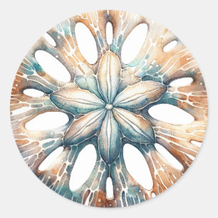 Sticker Rond Sable Dollar Océan Splash Sea Watercolor Mariage
