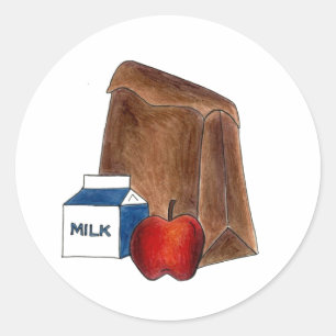 Sticker Rond Sac Brown Sack École Déjeuner Lady Apple Enseignan