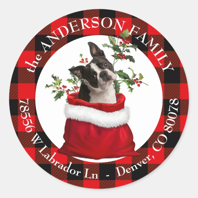 Sticker Rond Sac cadeau Boston Terrier Plaid Frame Adresse de r (Devant)