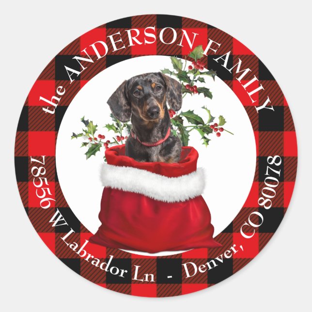 Sticker Rond Sac cadeau Dachshund Cadre Plaid Adresse de retour (Devant)