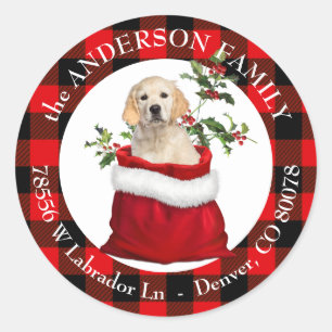 Sticker Rond Sac cadeau Golden Retriever Plaid Frame