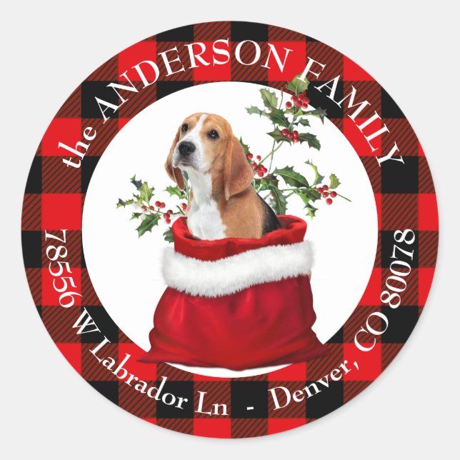 Sticker Rond Sac cadeau mignon Beagle Chien Plaid Cadre (Devant)