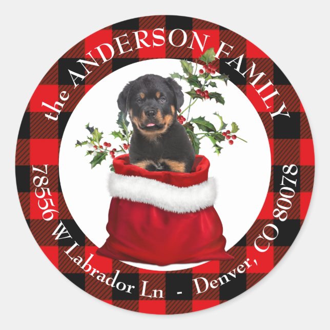 Sticker Rond Sac cadeau Rottweiler Pup Plaid Frame Adresse de r (Devant)