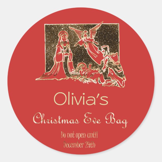 Sticker Rond Sac de Noël Nativité Rouge Faux Or Texte (Devant)