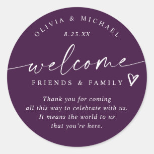 Sticker Rond Sac Violet Aubergine Bienvenue Mariage Hôtel