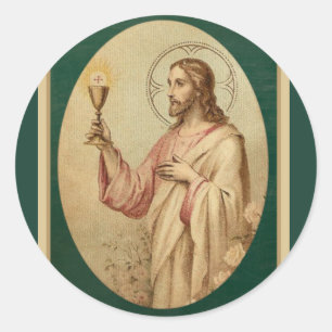 Sticker Rond Sacré Coeur de Jésus avec Chalice et Eucharistie