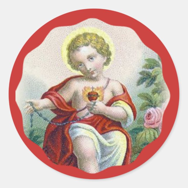 Sticker Rond Sacré Coeur Enfant Jésus tenant Rosaire (Devant)