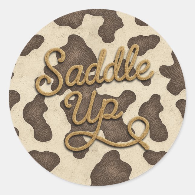 Sticker Rond SaddUp Brown Cow Country Western Rodeo Party (Devant)