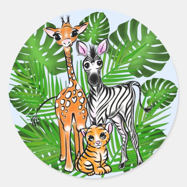 Sticker Rond Safari amis, girafe, zèbre, tigre, palme feuilles (Devant)
