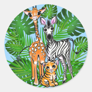 Sticker Rond Safari amis, girafe, zèbre, tigre, palme feuilles