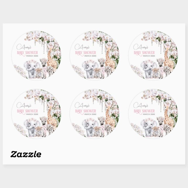 Sticker Rond Safari Animal Tropical Baby shower rose Fleur (Feuille)