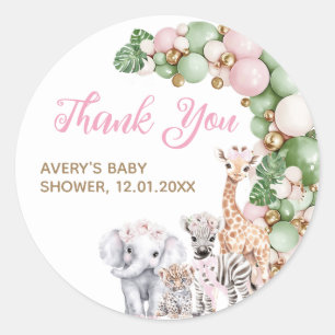 Sticker Rond Safari animal Tropical vert rose bébé fille douche