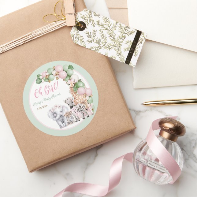 Sticker Rond Safari animal Tropical vert rose bébé fille douche (Cadeaux)