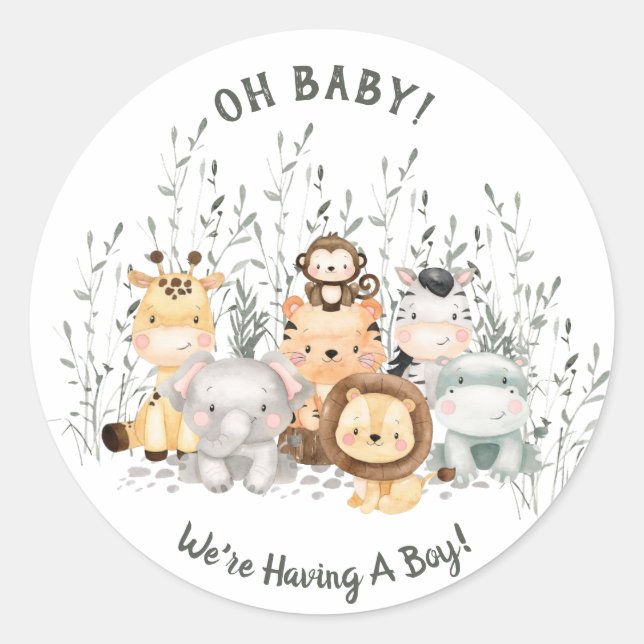 Sticker Rond Safari Animaux Baby shower Révélation de genre (Devant)