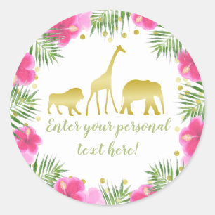 Sticker Rond Safari Animaux Baby showers rose et or