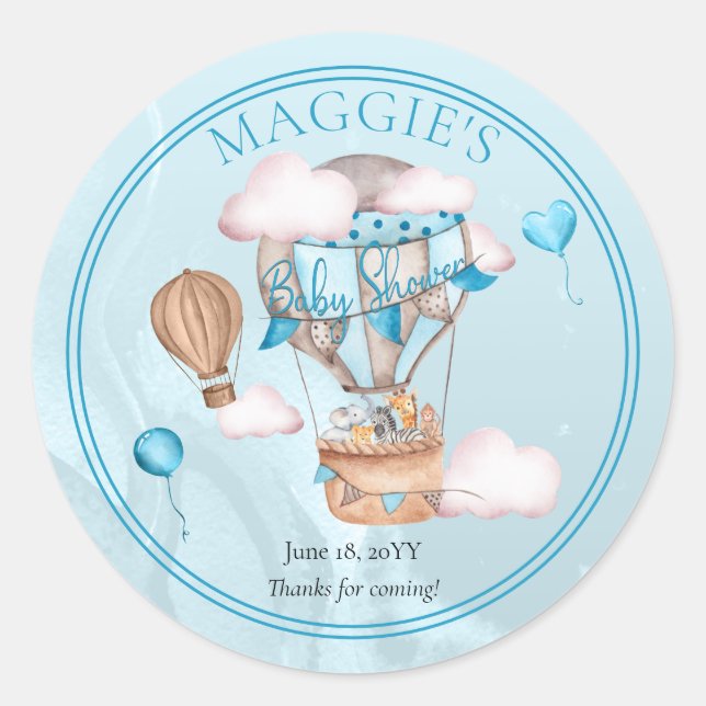 Sticker Rond Safari Animaux Ballons Baby shower Garçon bleu (Devant)