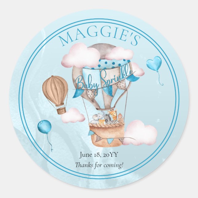 Sticker Rond Safari Animaux Ballons Bleu Garçon Bébé Sprinkel (Devant)