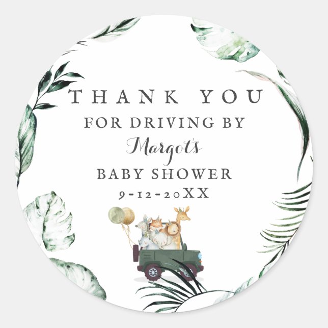 Sticker Rond Safari Animaux Conduite Par Baby shower Verdure Or (Devant)
