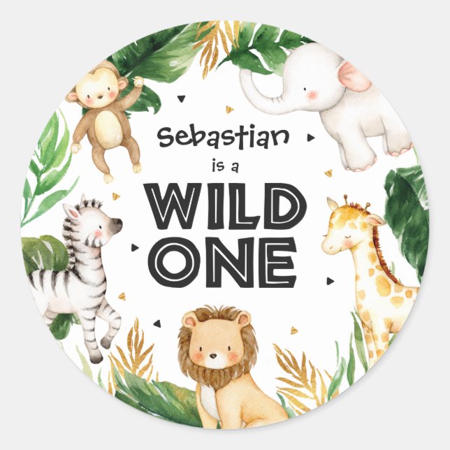 Sticker Rond Safari Animaux sauvages Un 1er anniversaire (Devant)