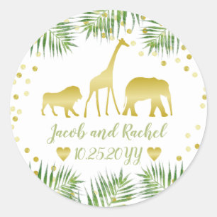 Sticker Rond Safari animaux verts et dorés avec branches de pal