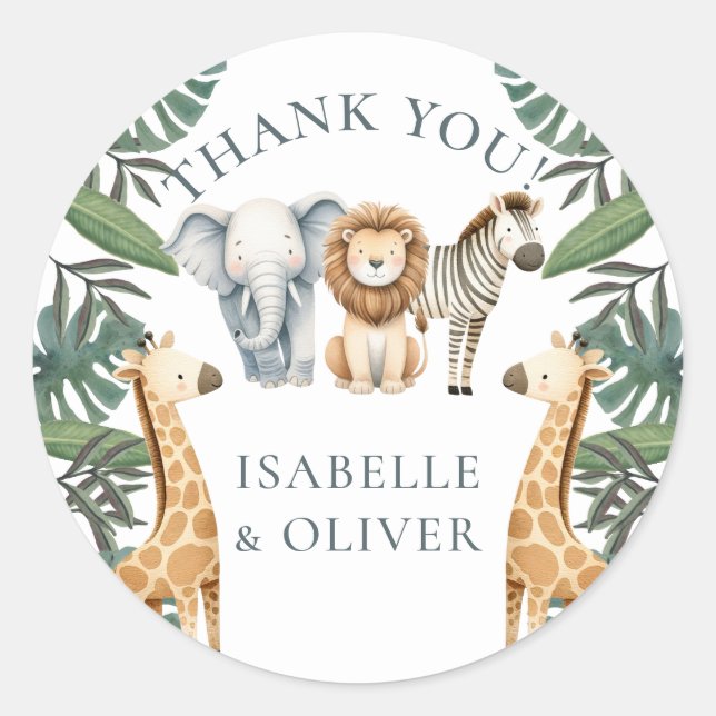 Sticker Rond Safari Bébé Animaux et Merci de verdure (Devant)
