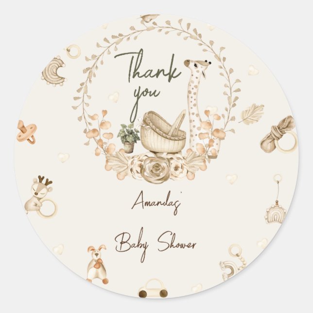 Sticker Rond Safari Boho Baby shower animal Merci (Devant)
