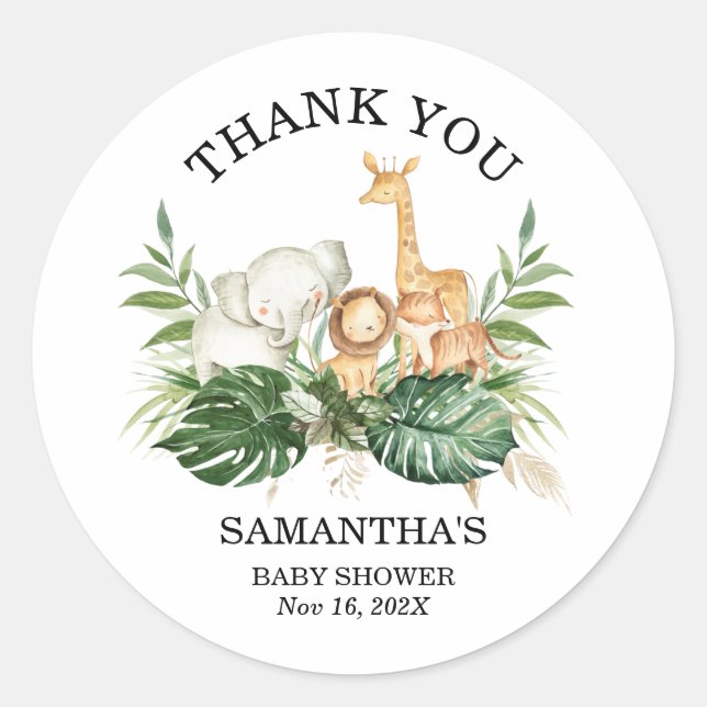 Sticker Rond Safari Green Foliage Genre Baby shower Neutre (Devant)