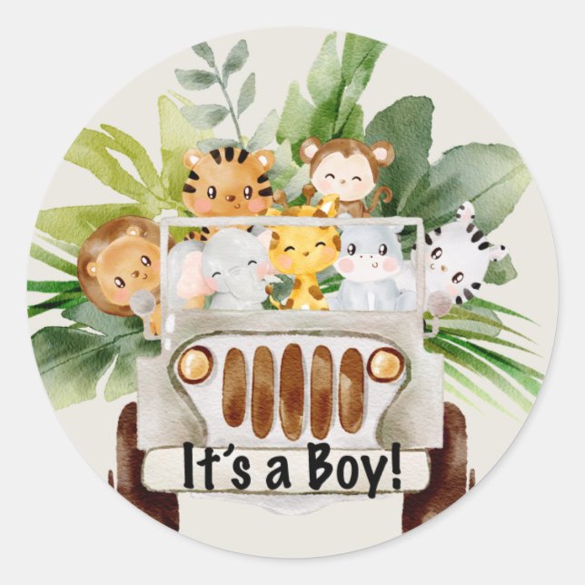 Sticker Rond Safari Jungle Animaux Baby shower C'est un garçon (Devant)