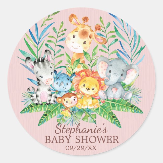 Sticker Rond Safari Jungle Animaux Baby shower Favoriser Sticke (Devant)