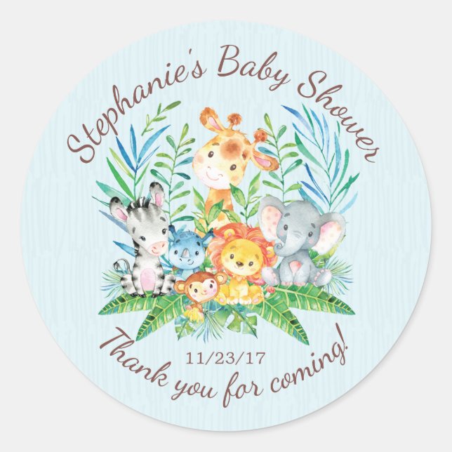 Sticker Rond Safari Jungle Animaux Baby shower Favoriser Sticke (Devant)