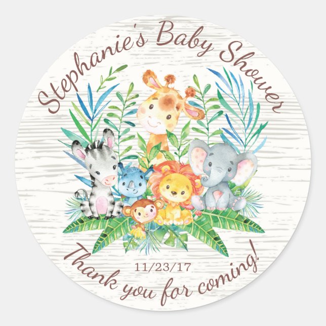 Sticker Rond Safari Jungle Animaux Baby shower Favoriser Sticke (Devant)