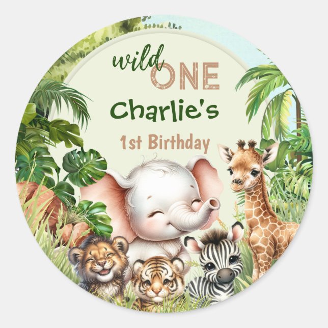 Sticker Rond Safari Jungle Cute Animaux Sauvages Un 1er Anniver (Devant)