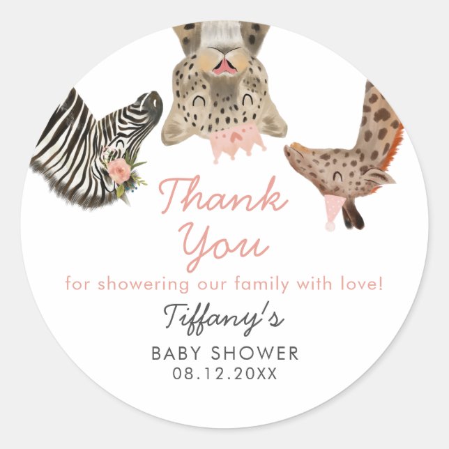 Sticker Rond Safari rose Animaux Thème Baby shower Classic Rou (Devant)