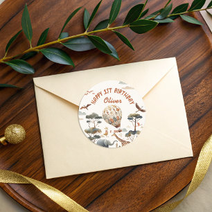 Sticker Rond Safari Wild Hot Air Balloon Jungle 1er anniversair