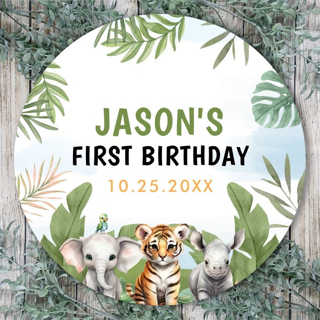 Sticker Rond Safari Wild One 1st Boy Birthday (Créateur téléchargé)