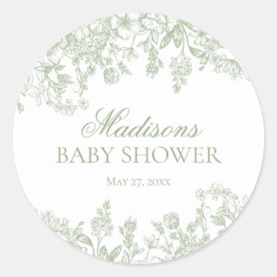 Sticker Rond Sage Chinoiserie Floral Vintage Baby Shower Cercle