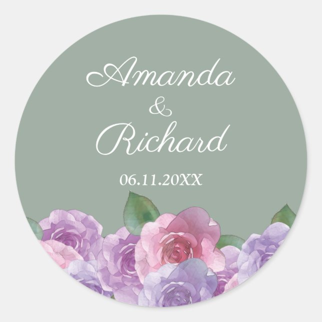 Sticker Rond Sage Dusty rose violet Mariage Floral (Devant)