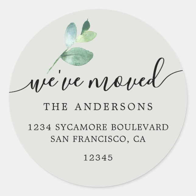 Sticker Rond Sage Eucalyptus We’ve Moved Round Address Label (Devant)