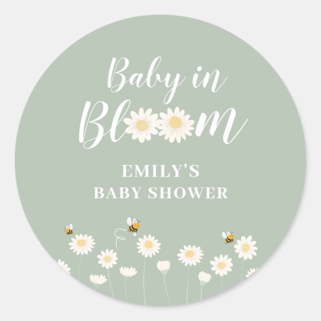 Sticker Rond Sage Green Boho Daisy Floral Baby In Bloom Douche (Devant)